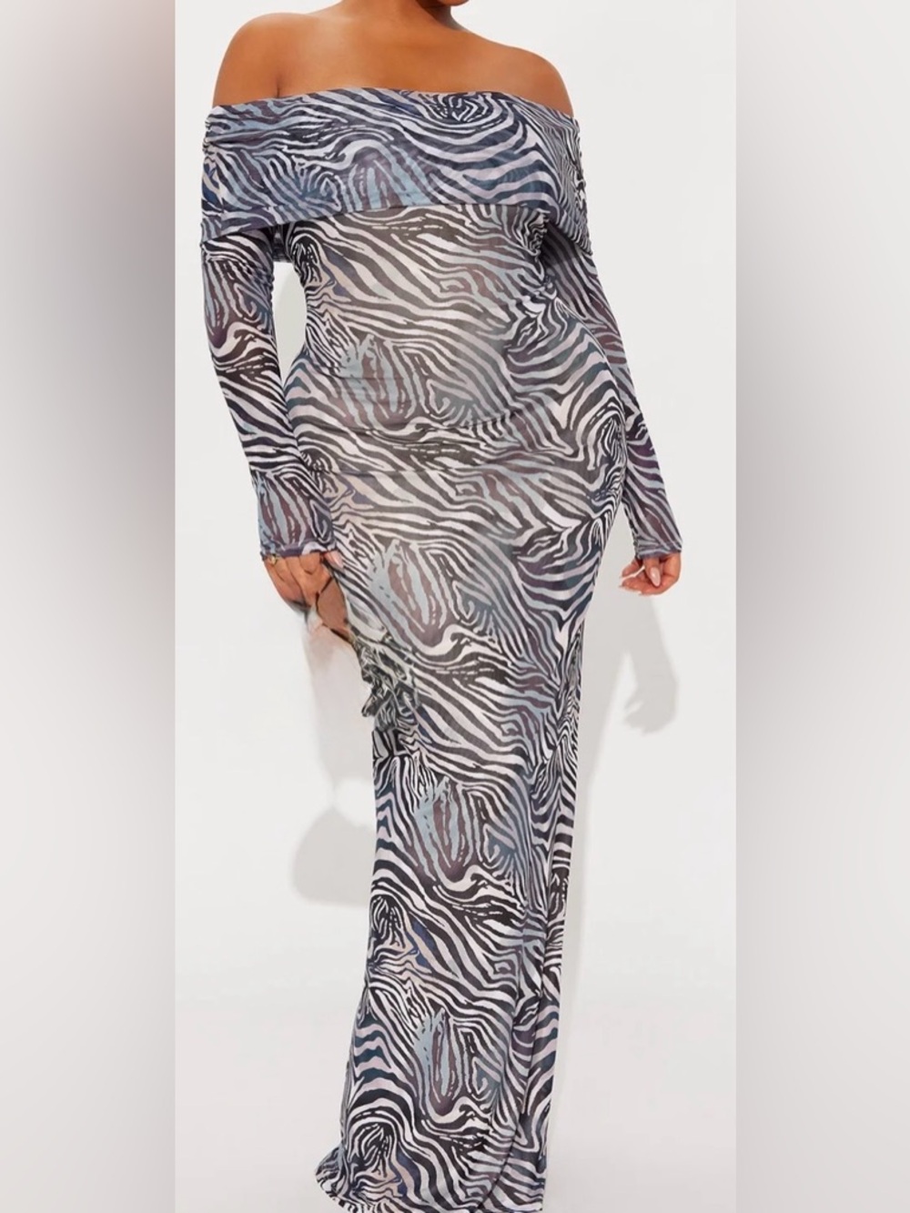 Zebra Print Mesh Maxi Dress Gray & Black